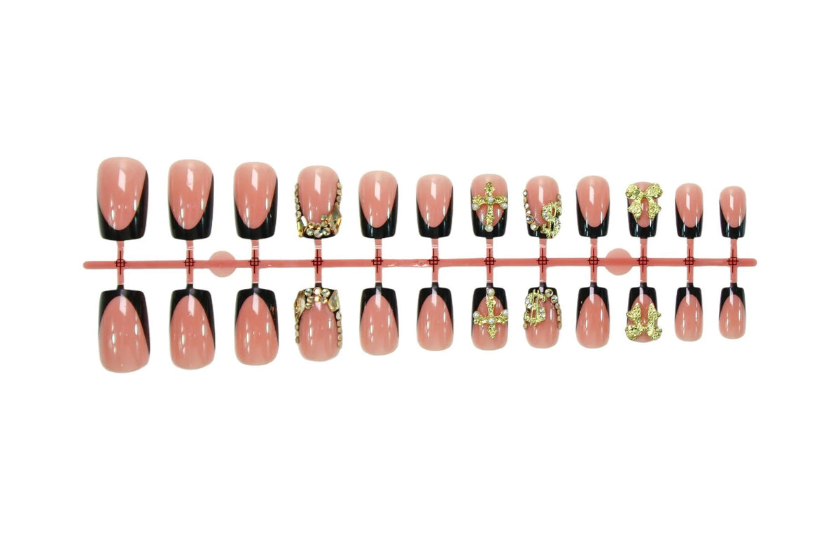 Press-On Nails Black & Gold Self-Adhesive Set Of 35