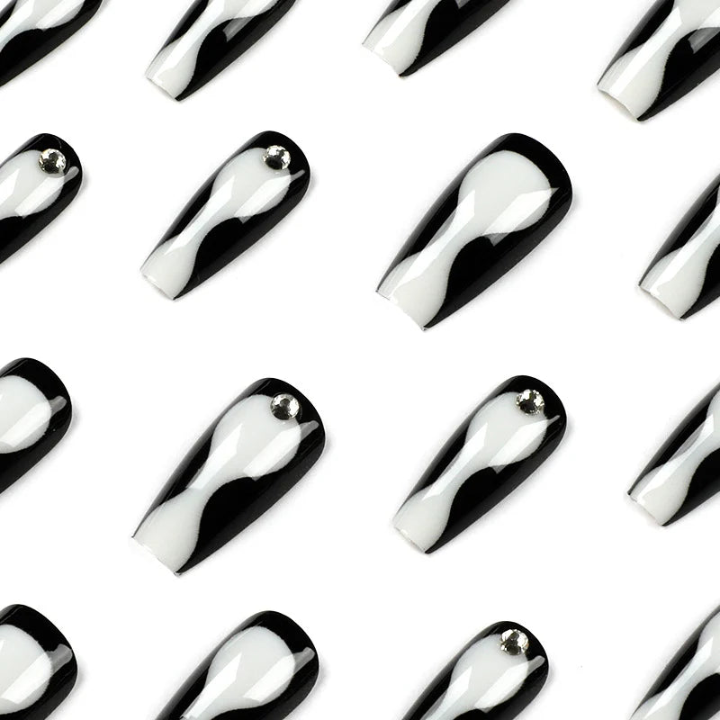 Press-On Nails Black & Gray Rhinestones Self-Adhesive Reusable