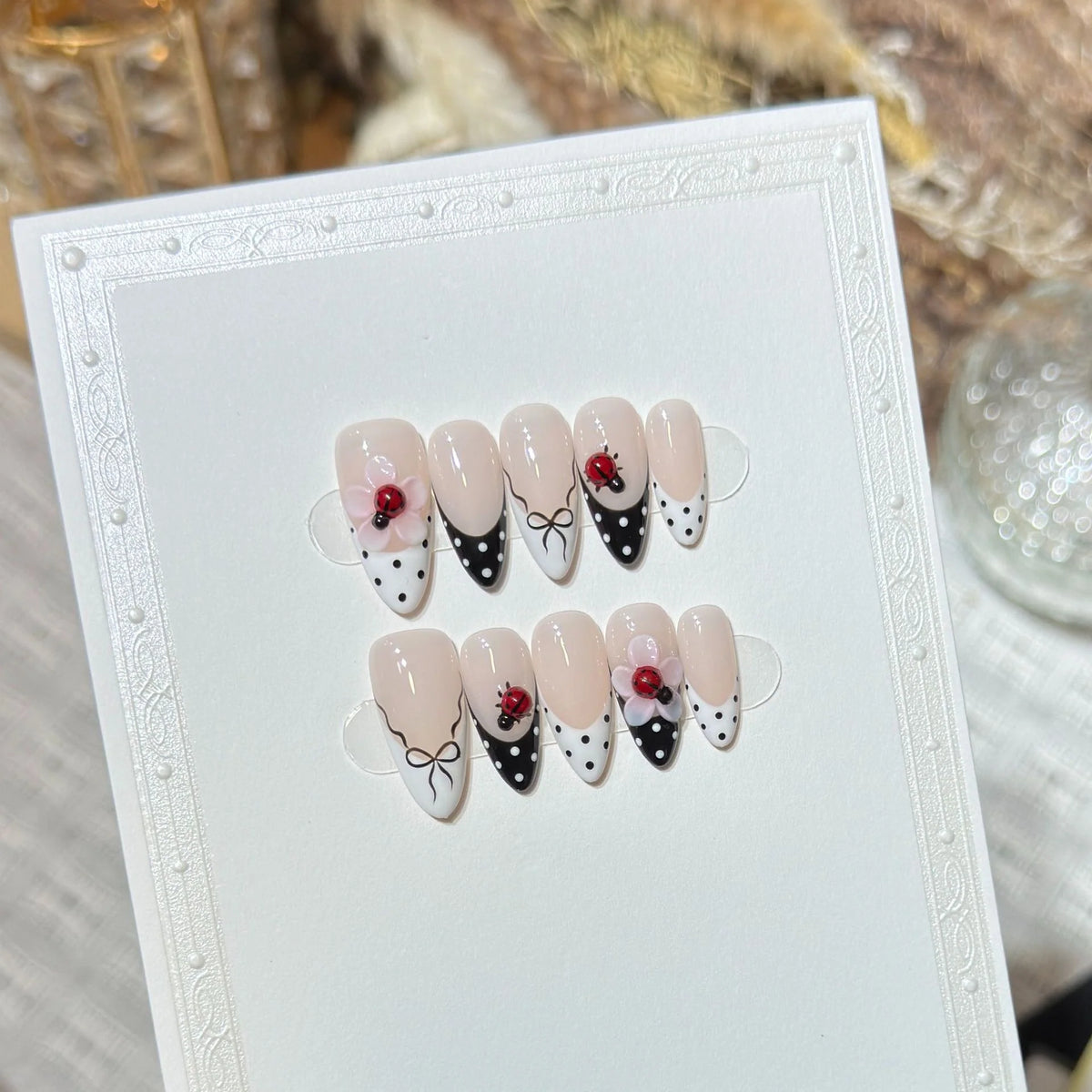 Press-On Nails Black & White Floral Long-Lasting Wear