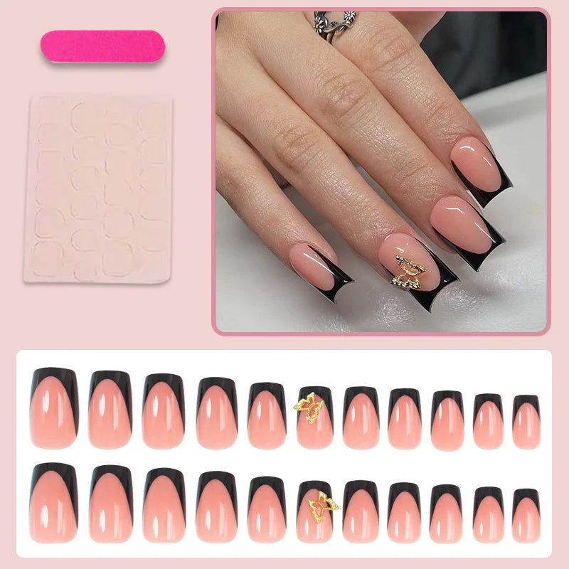 Press-On Nails Black & White Tips Gold Accents Reusable