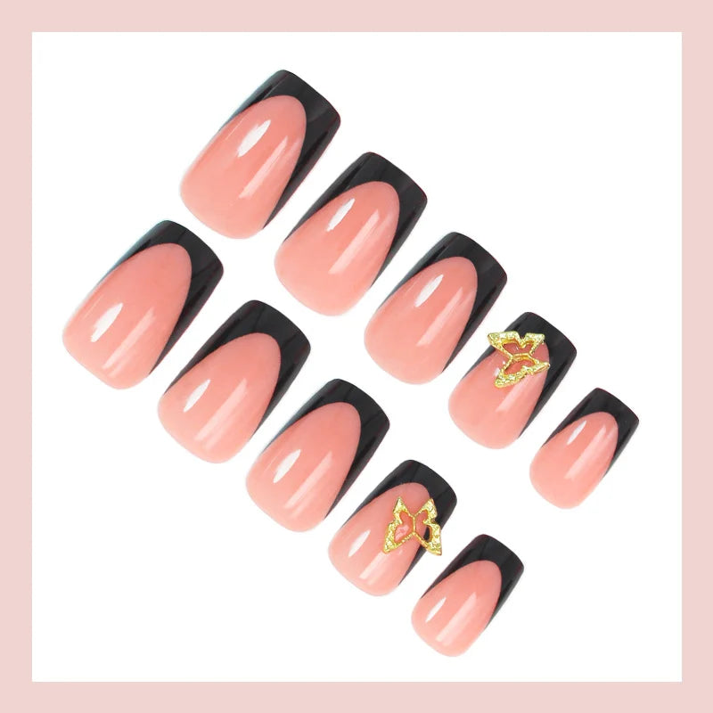 Press-On Nails Black & White Tips Gold Accents Reusable