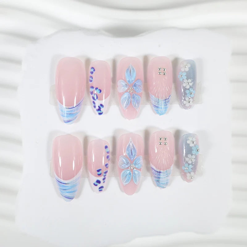Press-On Nails Blue Flower & Glitter 24-Piece