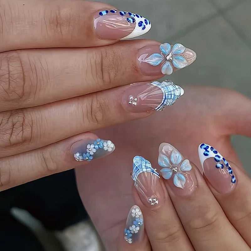 Press-On Nails Blue Flower & Glitter 24-Piece