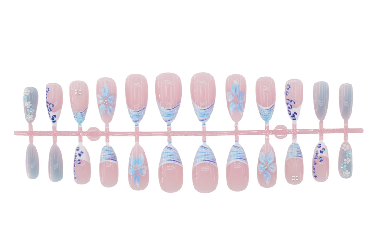 Press-On Nails Blue Flower & Glitter 24-Piece