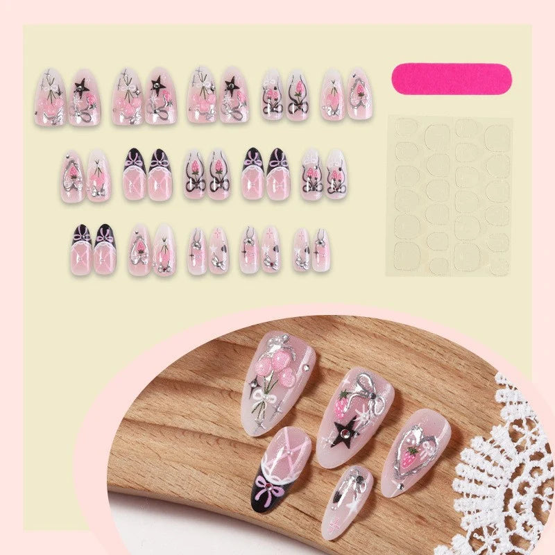 Press-On Nails Bow & Floral Chip-Resistant Reusable