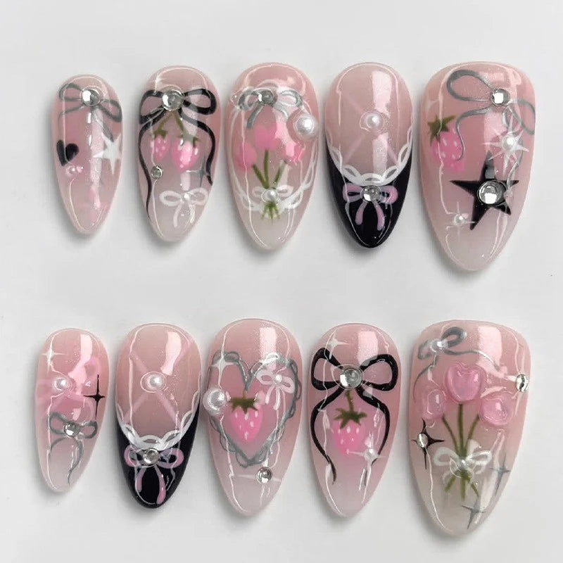 Press-On Nails Bow & Floral Chip-Resistant Reusable