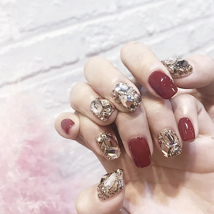 Press-On Nails Burgundy Crystal Embellished Glue-On