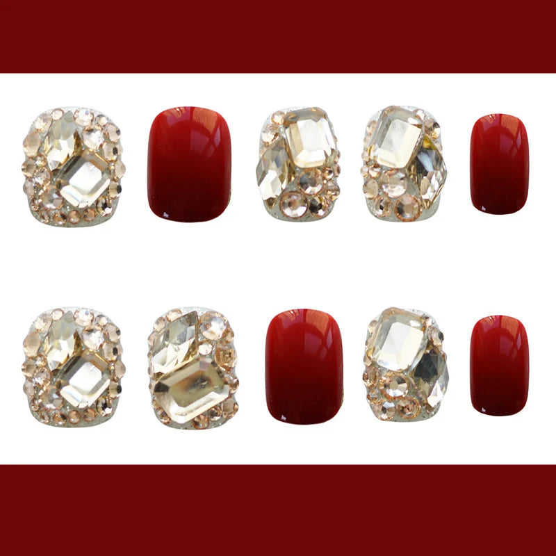 Press-On Nails Burgundy Crystal Embellished Glue-On