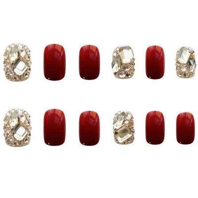 Press-On Nails Burgundy Crystal Embellished Glue-On