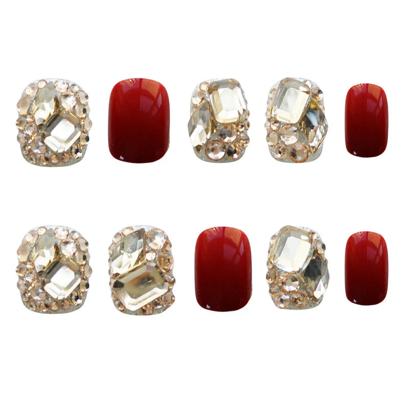 Press-On Nails Burgundy Crystal Embellished Glue-On