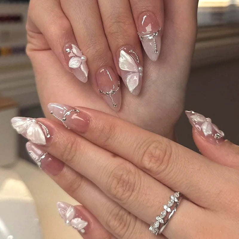 Press-On Nails Butterfly Design & Glitter Accents Set of 24
