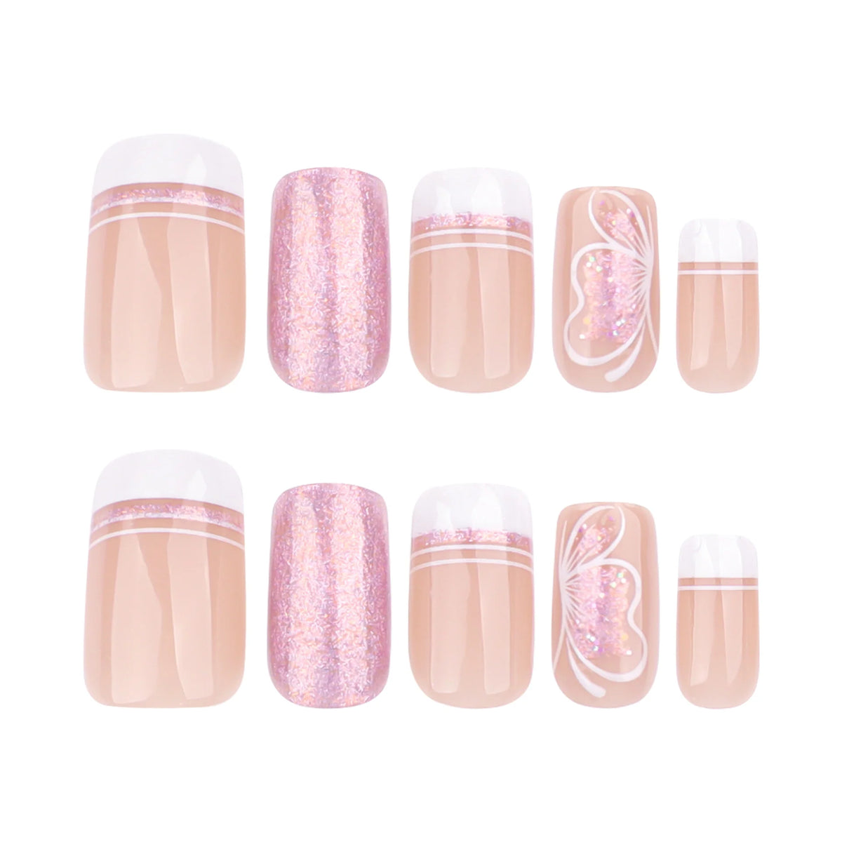 Press-On Nails Butterfly Motif Turquoise Glitter Easy Apply