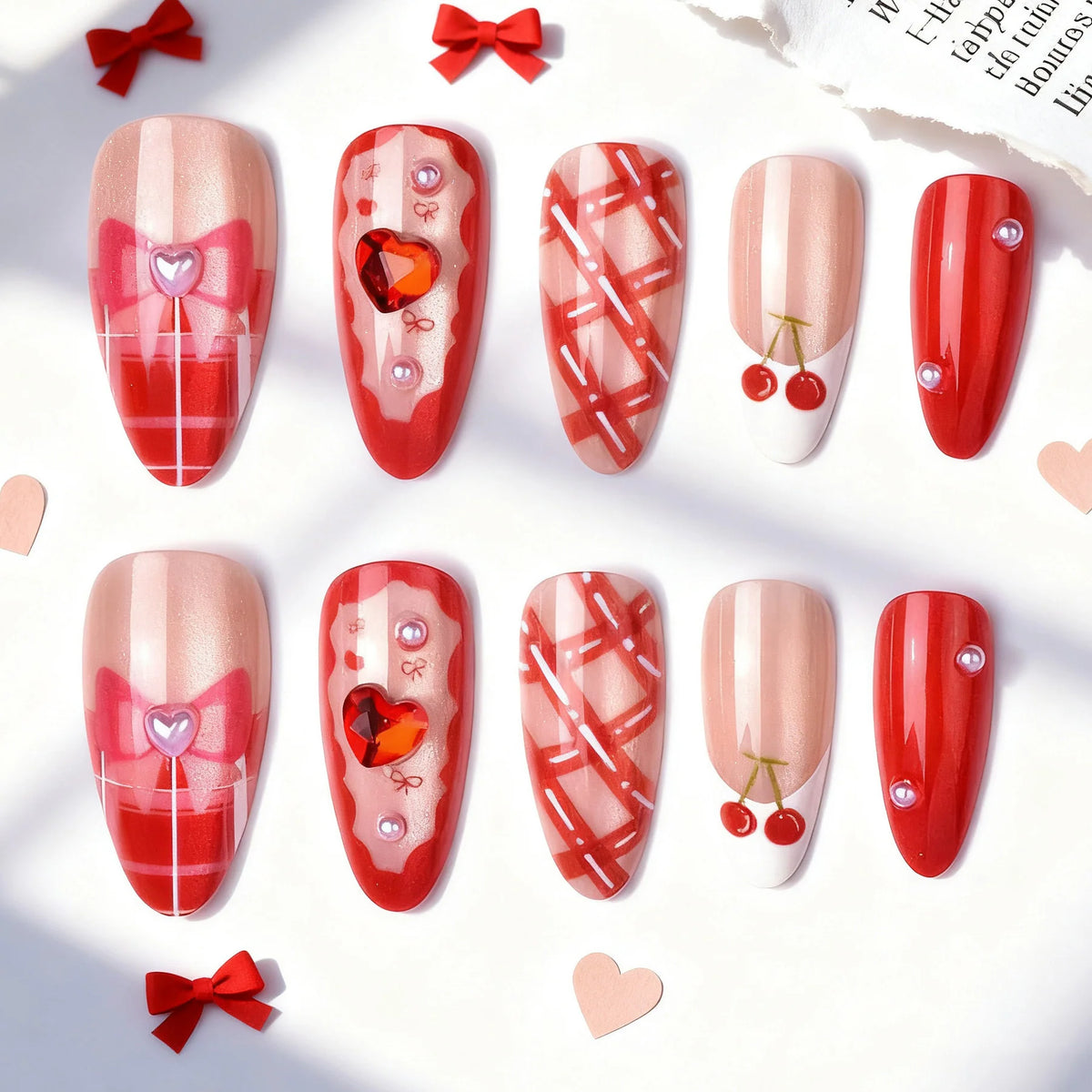 Press-On Nails Cherry & Heart Design Adhesive-Backed