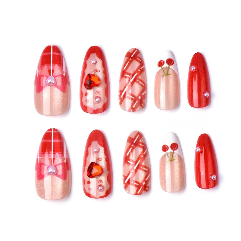 Press-On Nails Cherry & Heart Design Adhesive-Backed