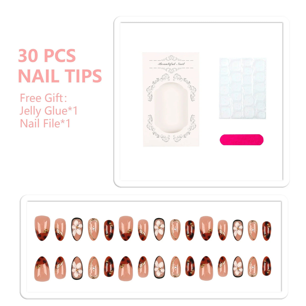 Press-On Nails Elegant Floral Peel-And-Stick Long-Lasting