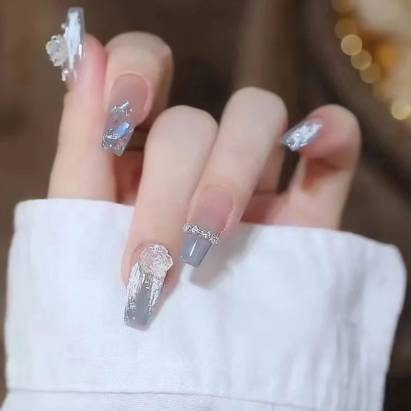 Press-On Nails Embellished Blue Easy Application & Comfortable Fit
