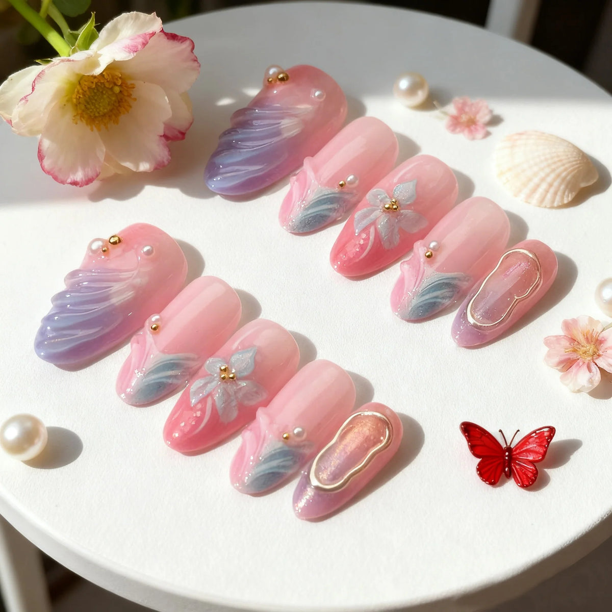 Press-On Nails Extended Acrylic Hand-Painted Floral