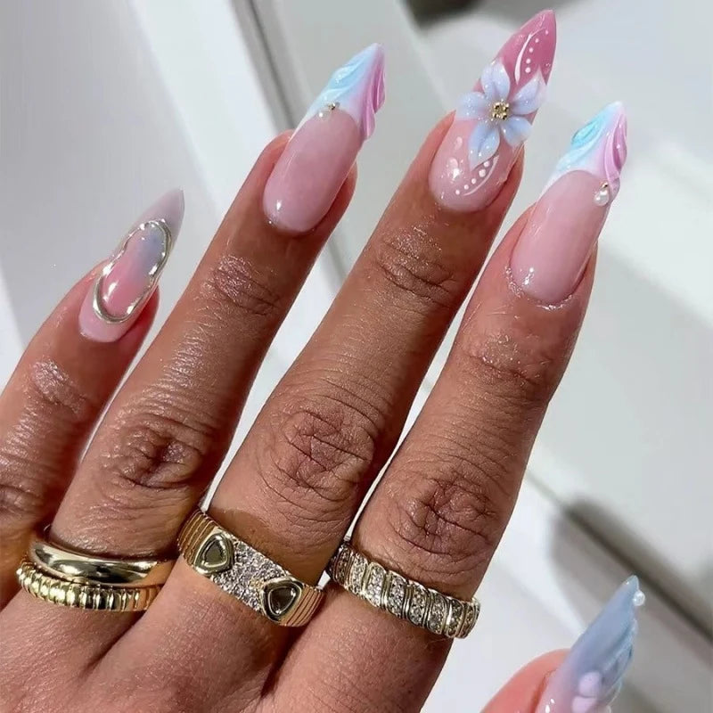 Press-On Nails Extended Acrylic Hand-Painted Floral