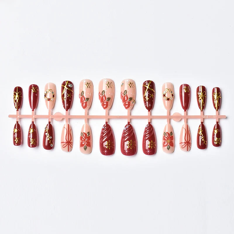Press-On Nails Festive Poinsettia & Metallic Accents Peel-And-Stick