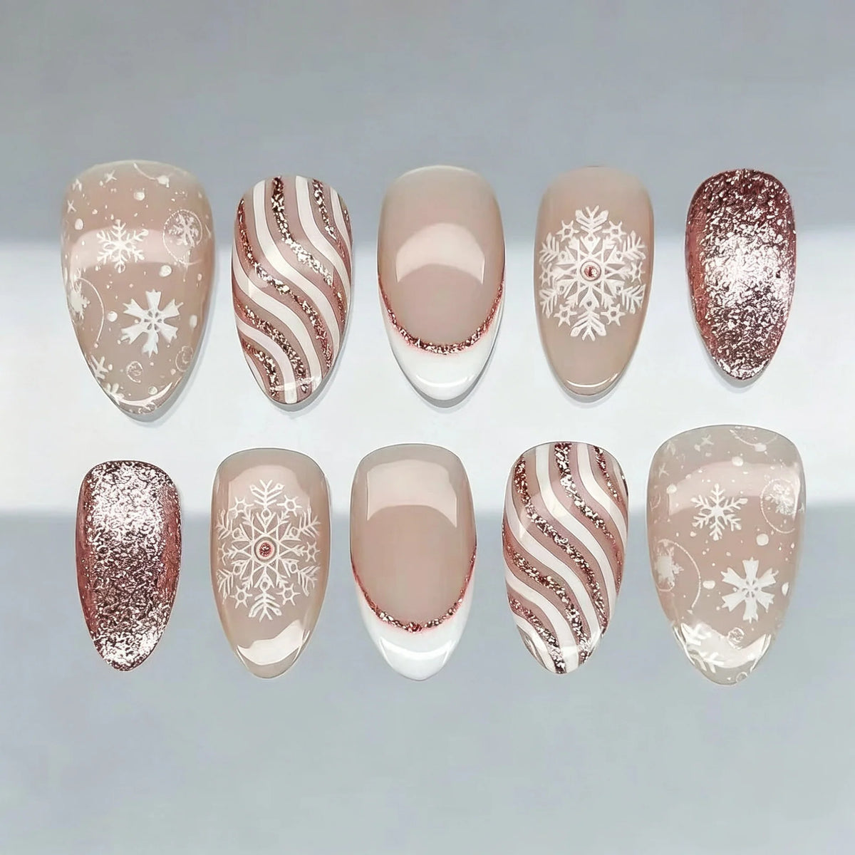 Press-On Nails Festive Snowflake Rose Gold Accents