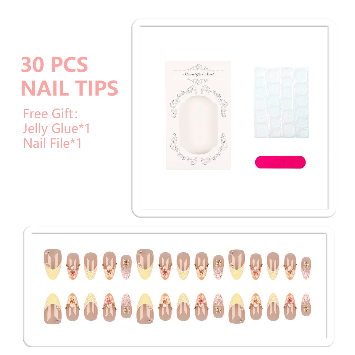 Press-On Nails Floral Accent Durable No Glue Application
