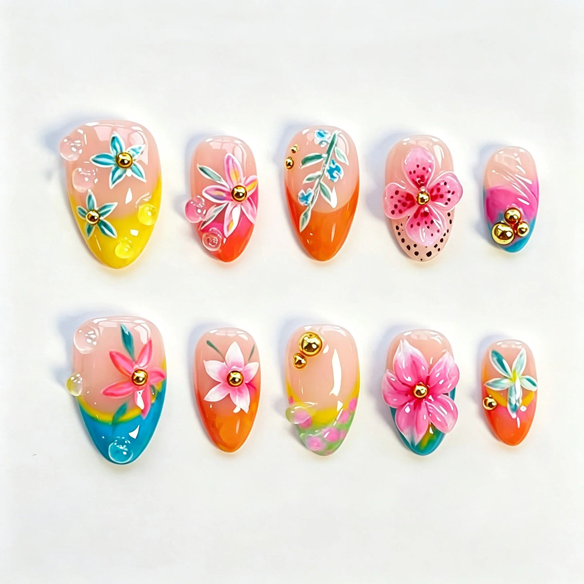 Press-On Nails Floral Art Easy Application Chip-Resistant