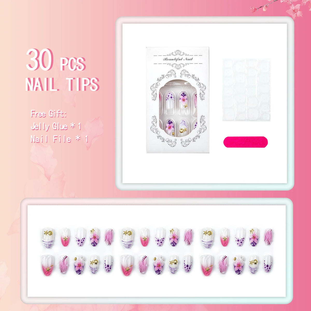 Press-On Nails Floral Art Reusable & Custom Fit