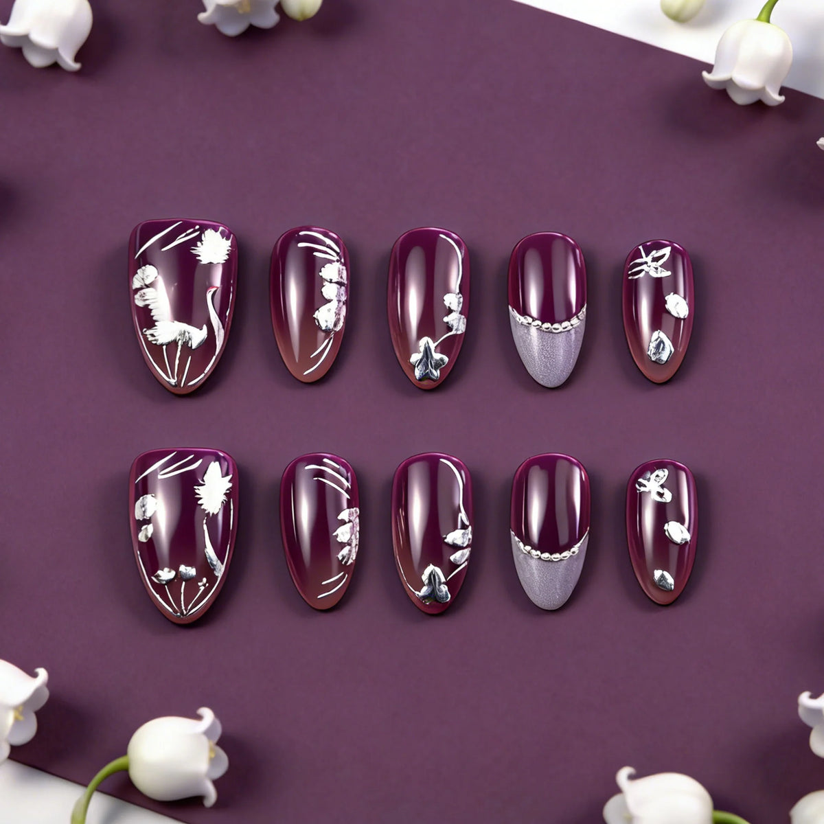 Press-On Nails Floral Artwork Acrylic Peel & Stick