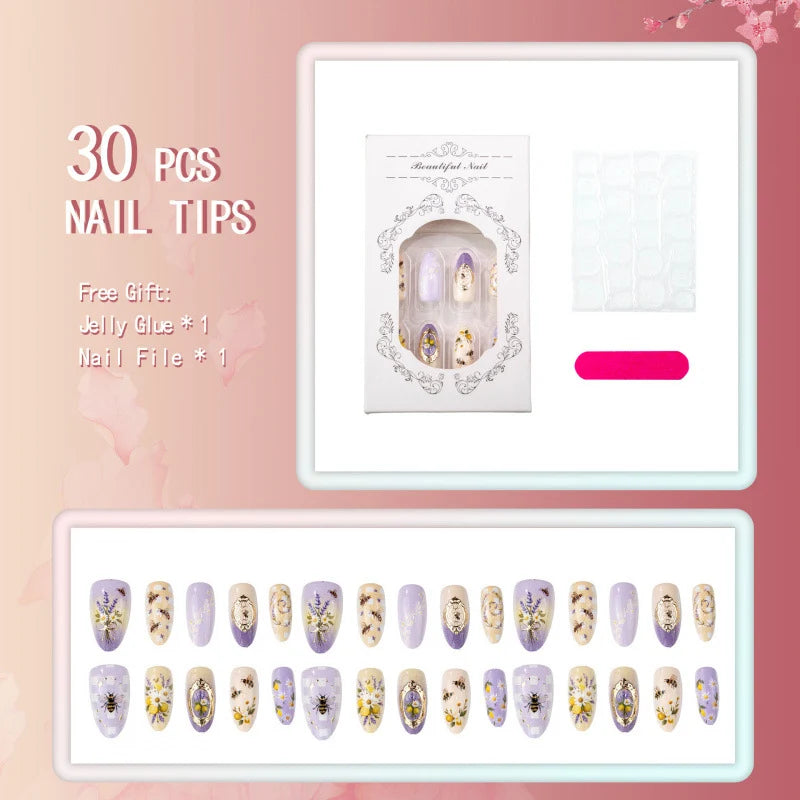Press-On Nails Floral & Bee Design Easy Application