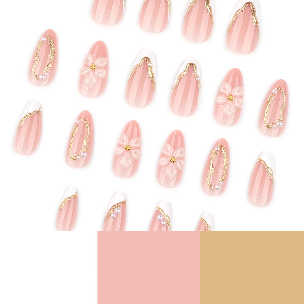 Press-On Nails Floral Blue & Gold Long-Lasting