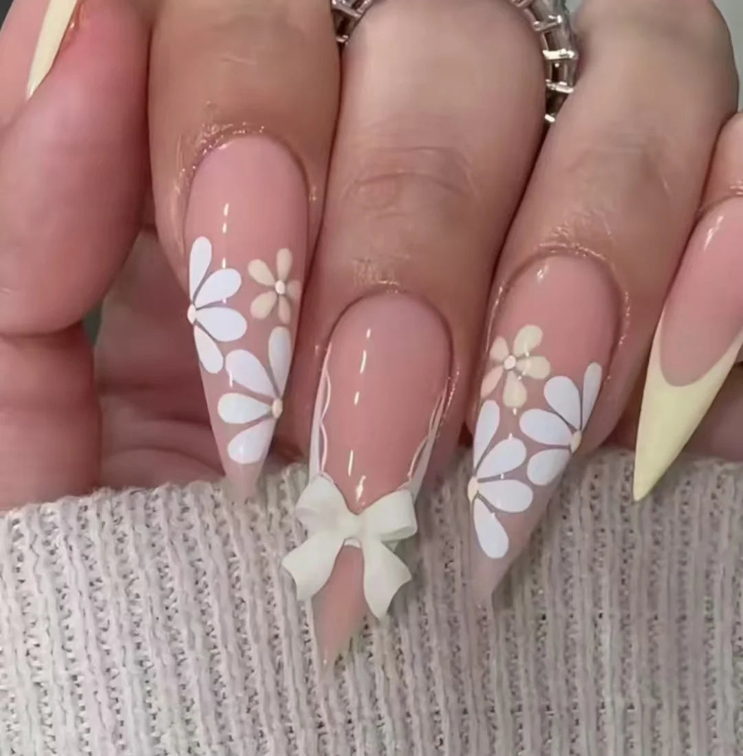 Press-On Nails Floral Bow Design Glue-On & Jelly Options