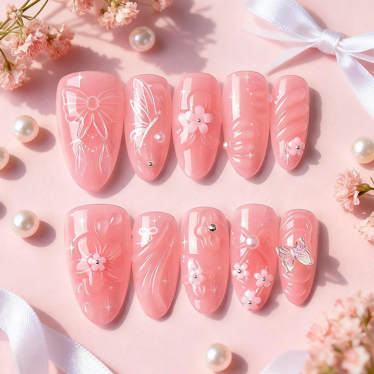 Press-On Nails Floral & Butterfly Easy Application