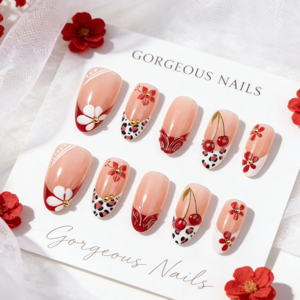 Press-On Nails Floral & Cherry Design Easy Application