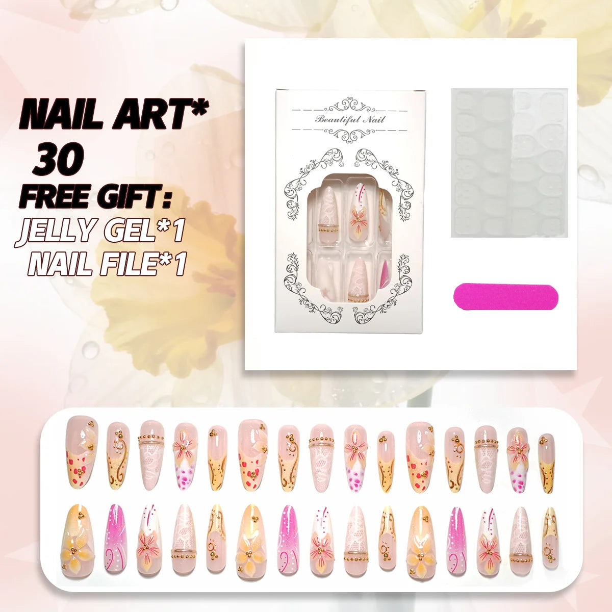 Press-On Nails Floral Design 30-Piece