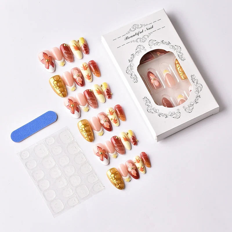 Press-On Nails Floral Design & Adhesive Included