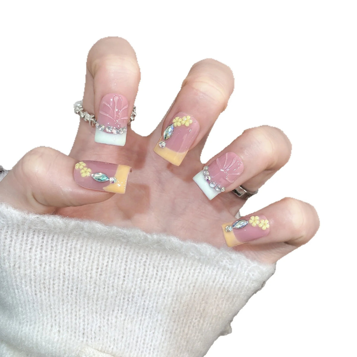 Press-On Nails Floral Design & Crystal Accents Peel-And-Press