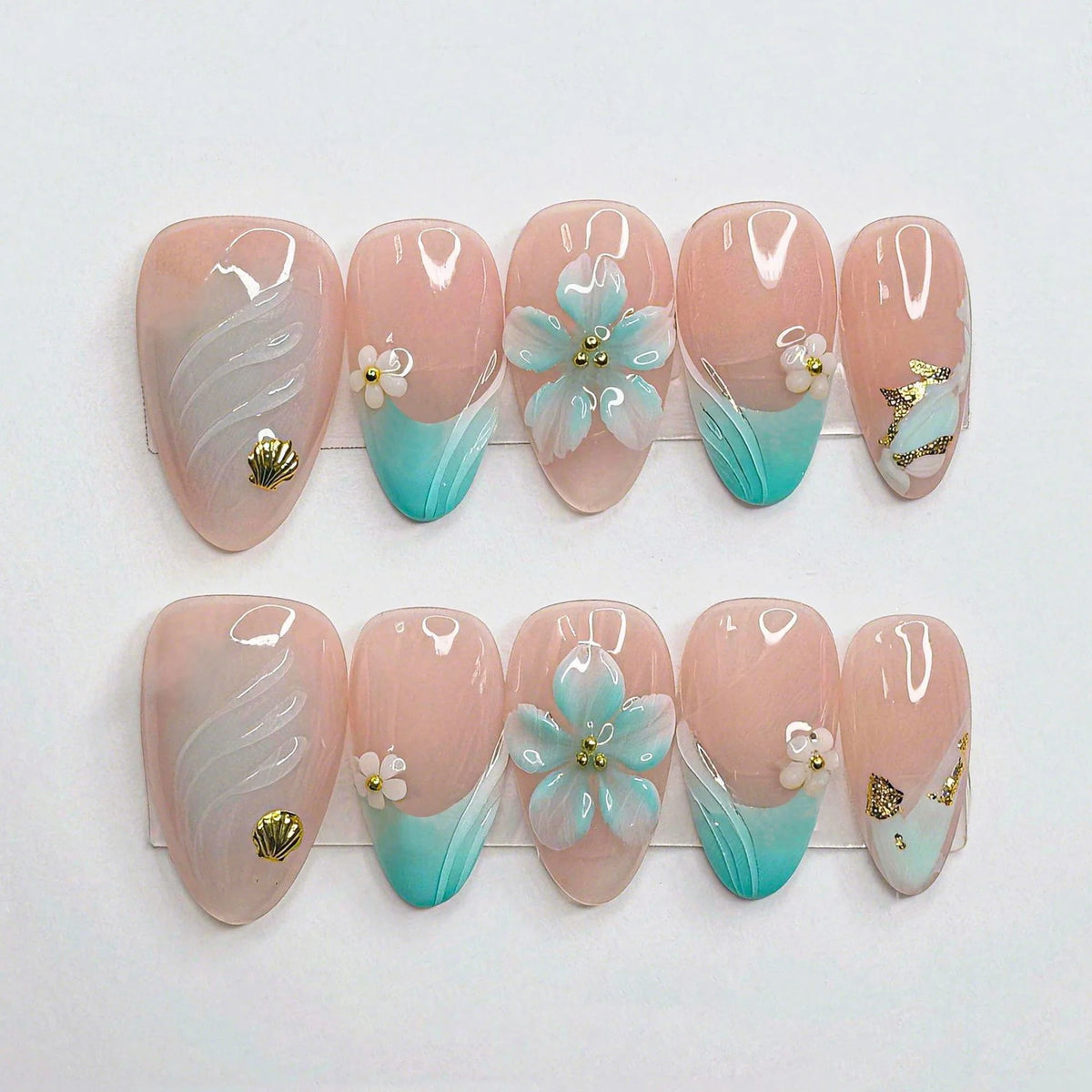 Press-On Nails Floral Design Dark Blue Comfortable Fit