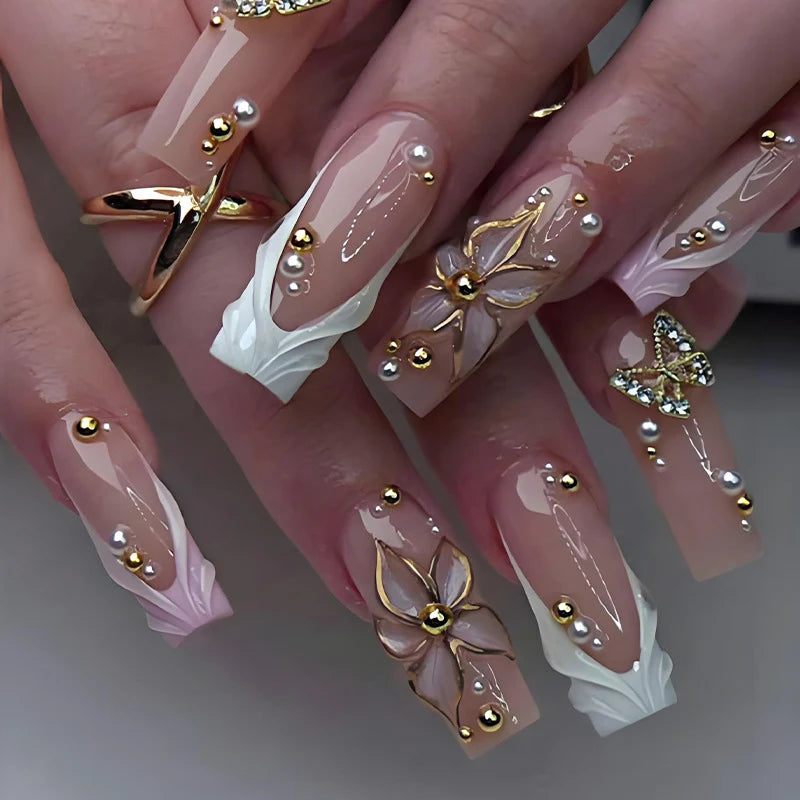 Press-On Nails Floral Design Easy Application & Reusable