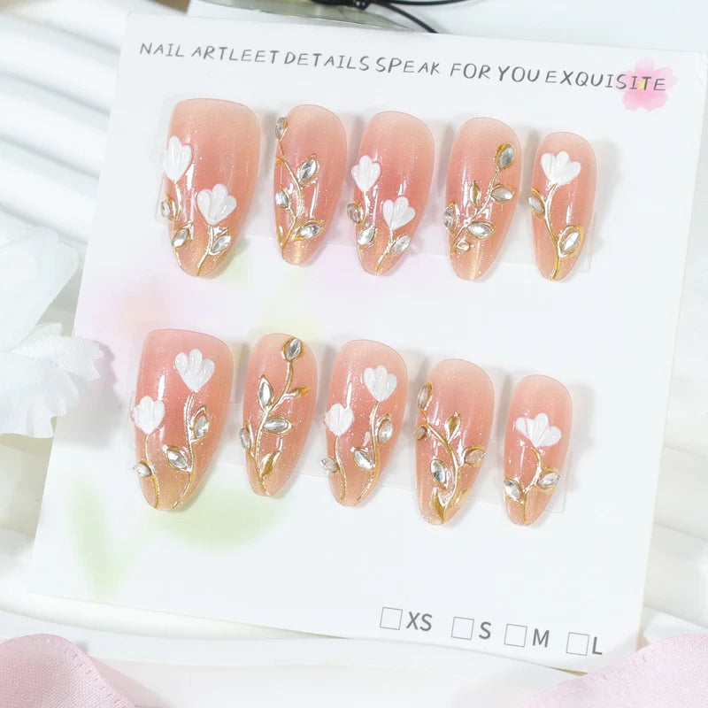 Press-On Nails Floral Design & Glitter Stones