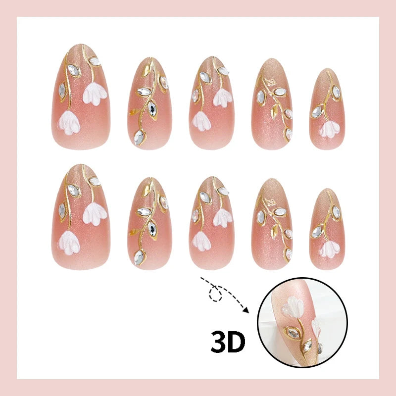 Press-On Nails Floral Design & Glitter Stones