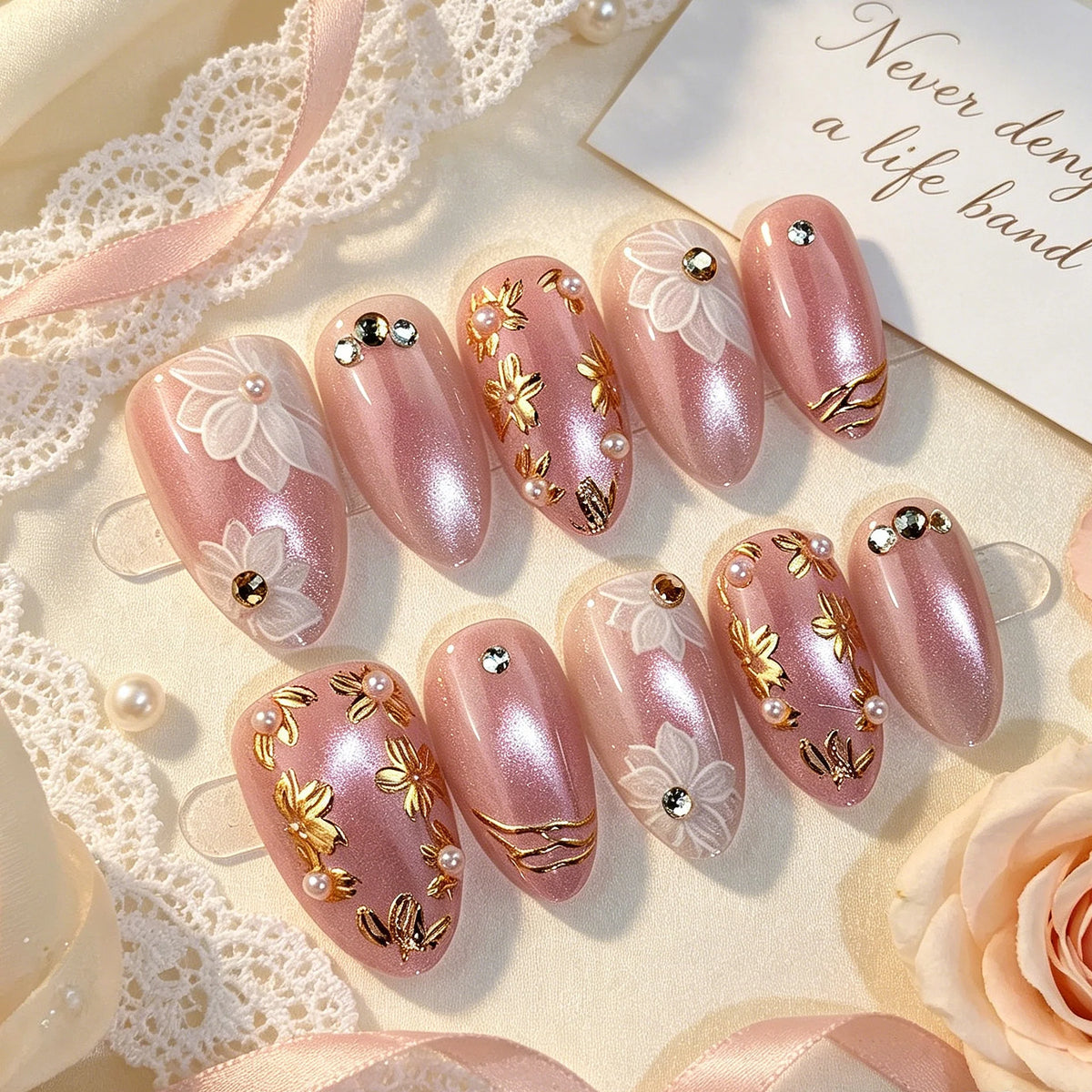 Press-On Nails Floral Design Glossy Finish & Sparkling Accents