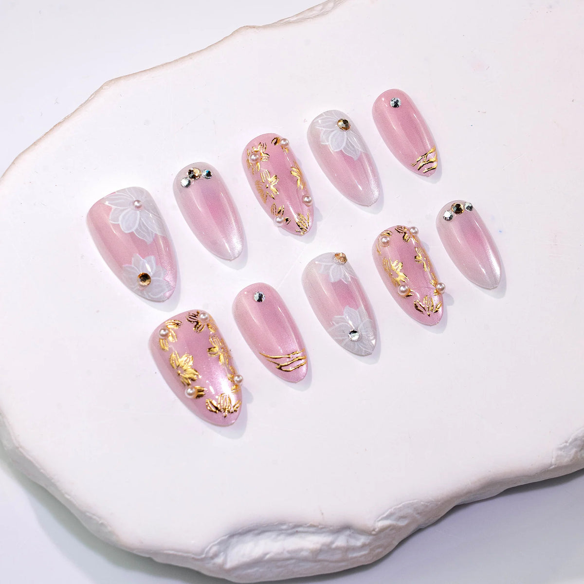 Press-On Nails Floral Design Glossy Finish & Sparkling Accents