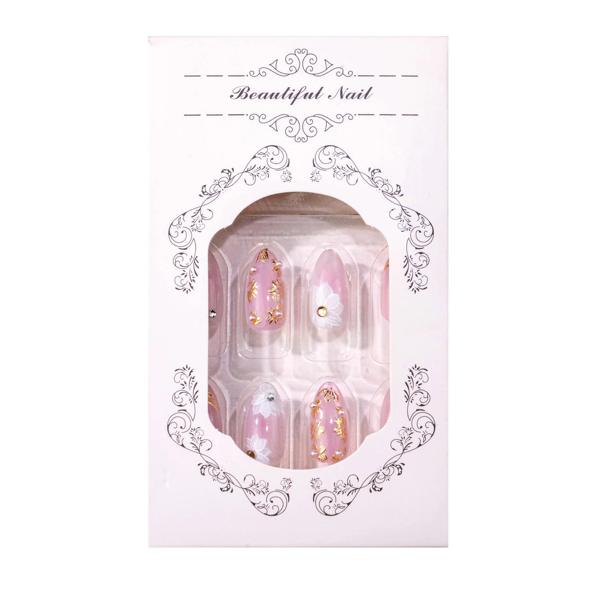 Press-On Nails Floral Design Glossy Finish & Sparkling Accents