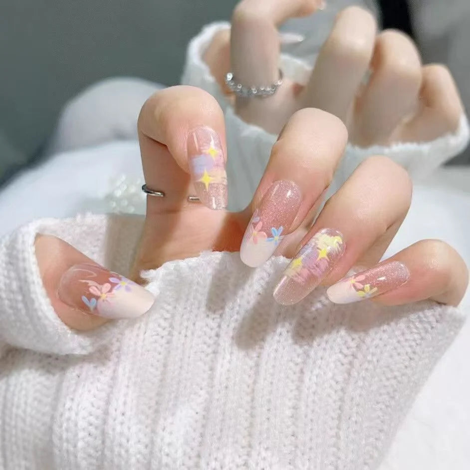 Press-On Nails Floral Design Glue-Free Instant Manicure