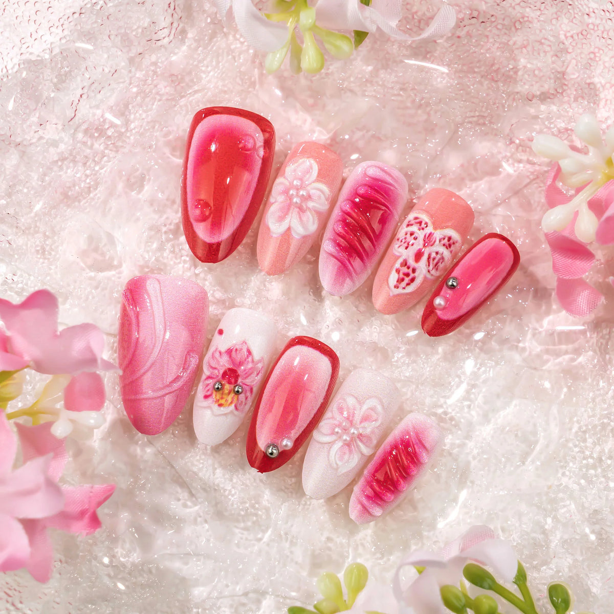 Press-On Nails Floral Design Glue-Free & Lightweight