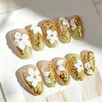 Press-On Nails Floral Design Gold Accents