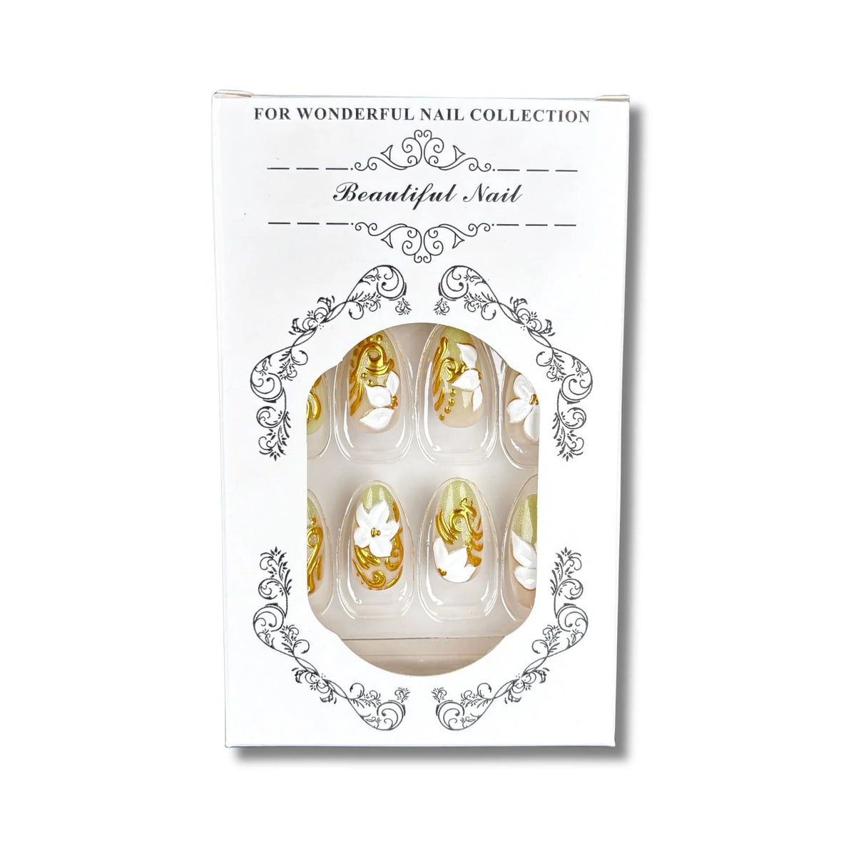 Press-On Nails Floral Design Gold Accents