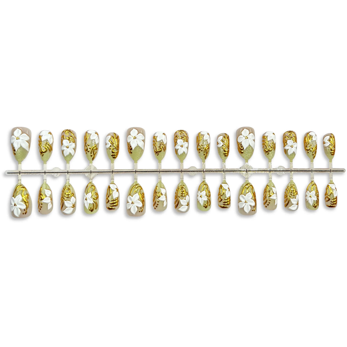 Press-On Nails Floral Design Gold Accents