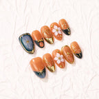 Press-On Nails Floral Design & Gold Accents Reusable