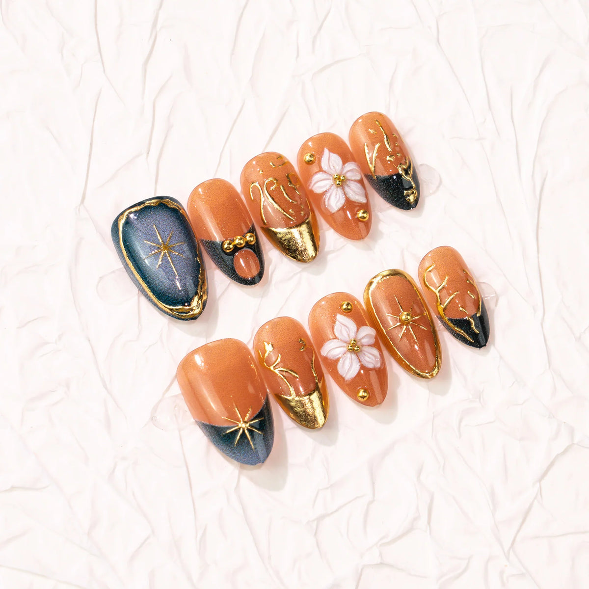 Press-On Nails Floral Design & Gold Accents Reusable